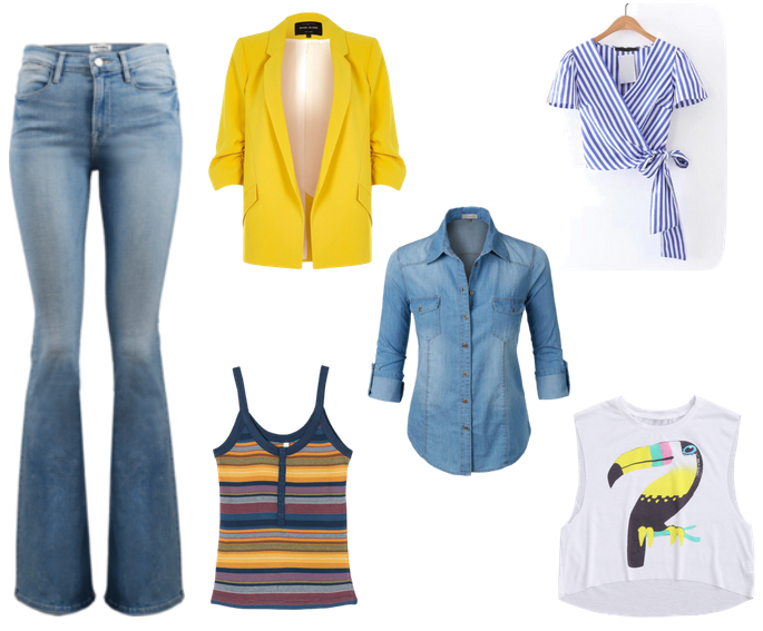 calça jeans, blazer amarelo, camisa jeans, camiseta listrada, blusa listrada com laço, camiseta com estampa de tucano